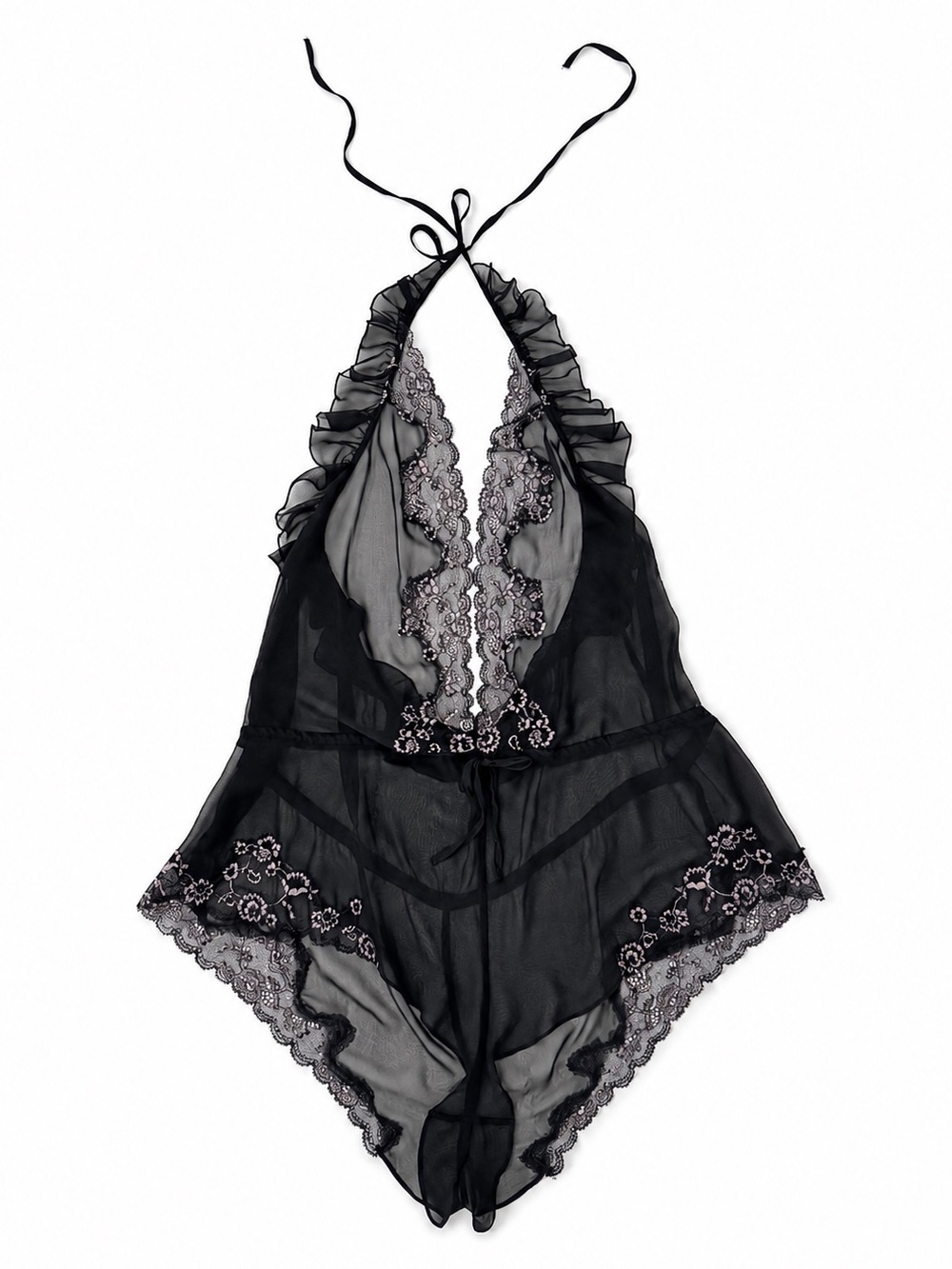 NWT Victoria’s Secret Sheer Lace Halter Teddy Romper Lingerie Size L black
